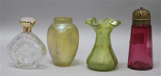 Two Loetz glass vases, a Lalique scent bottle etc